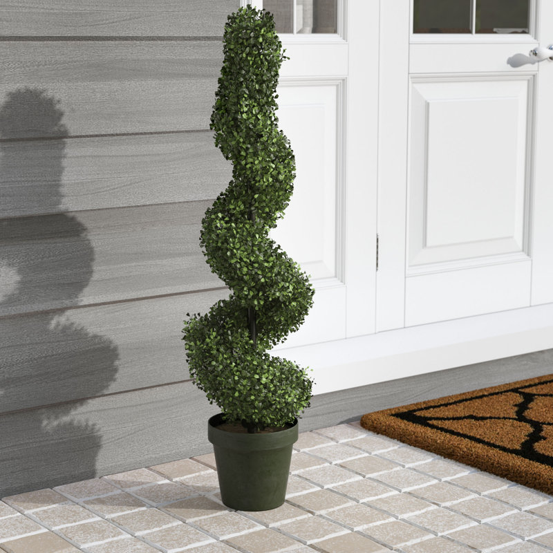 Charlton Home Artificial Boxwood Leave Spiral Topiary Plant in Pot
